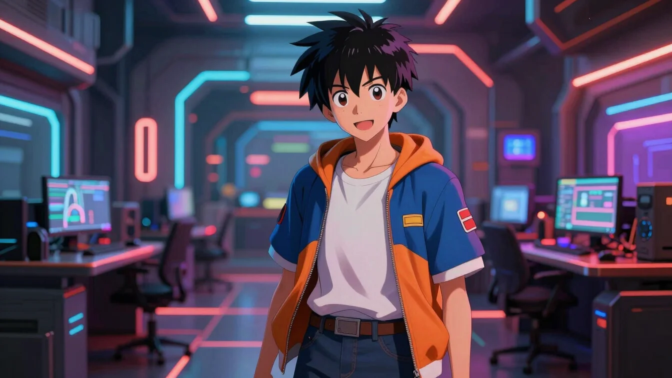 Personagem de anime em estilo de arte vibrante, com fundo de jogo
