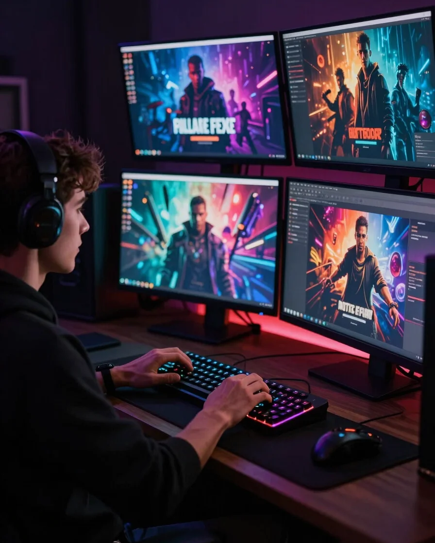 Uma pessoa digitando em um teclado gamer iluminado em um ambiente