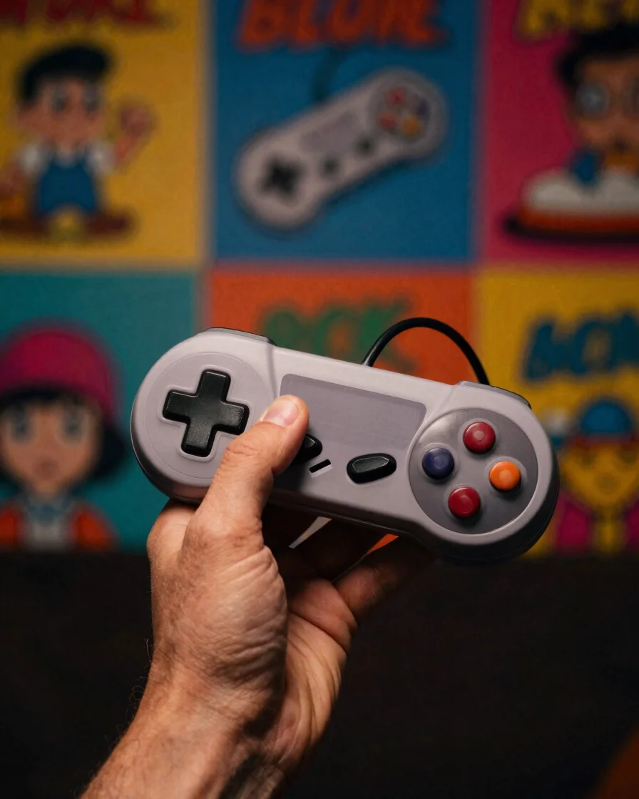 Close-up of a hand holding a retro gaming controller, with vibrant pop culture art in the blurred background, cinematic