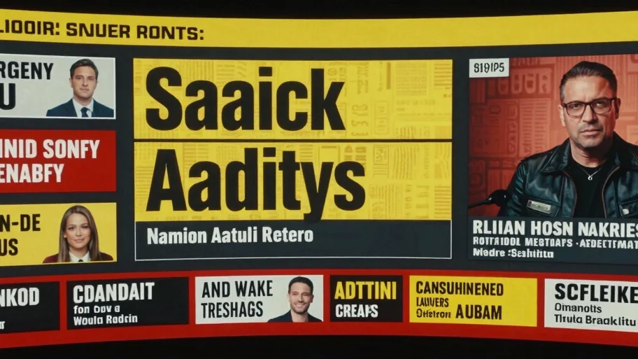 High-contrast cinematic shot of a futuristic news interface with