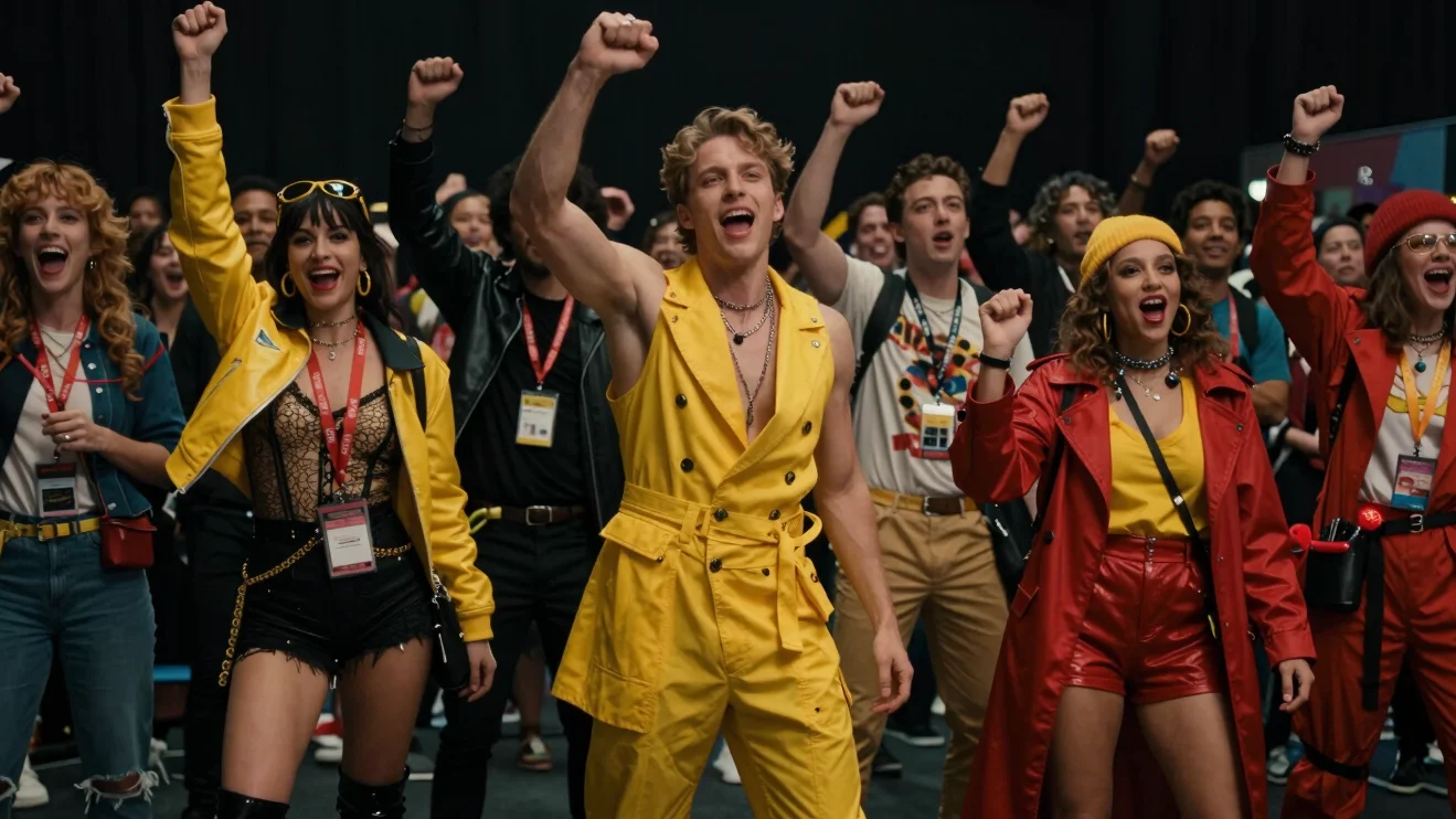High-contrast cinematic shot of a diverse group of people celebra