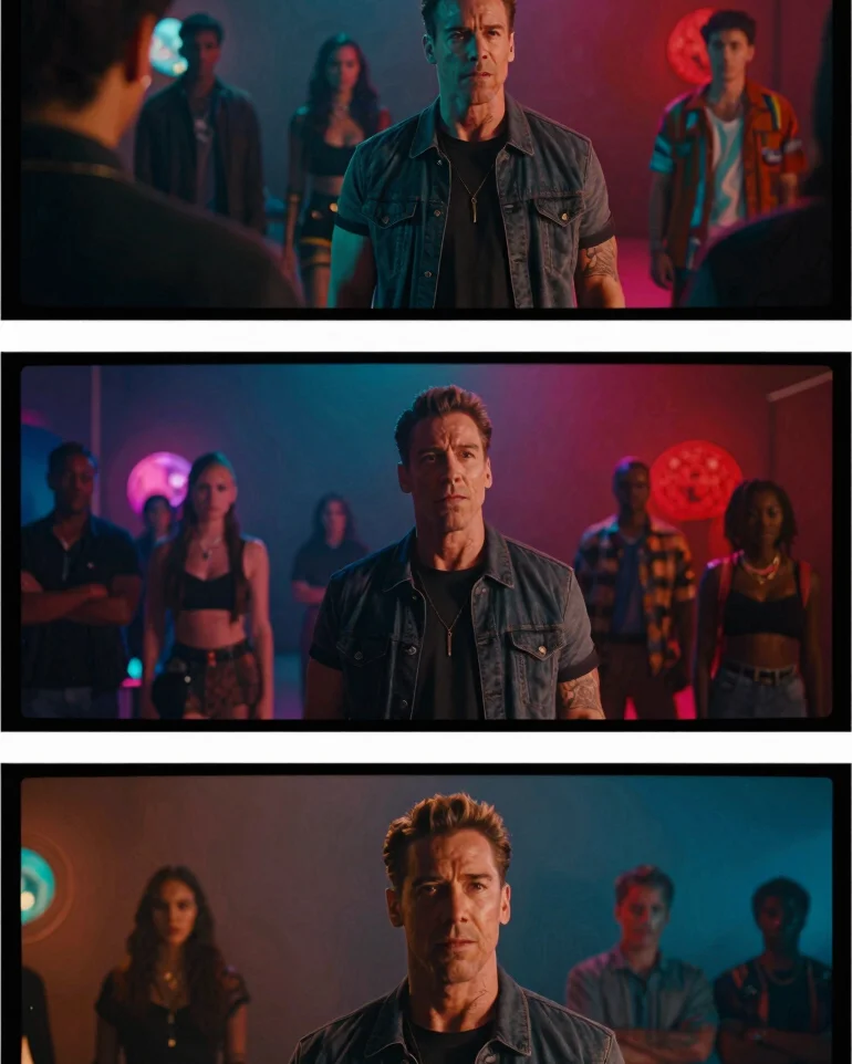 Cena cinematográfica de alto contraste com elementos de ficção ci